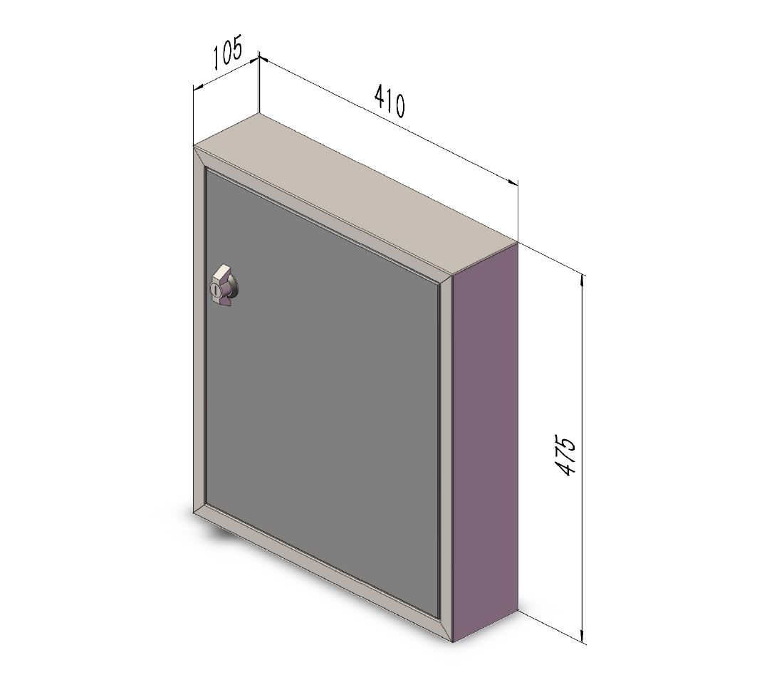 Tekening van het uitnamedeurtje van de Flexybox inbouw pakketbrievenbus, met handig voorfront voor het eenvoudig en veilig uitnemen van pakketten, voorzien van een stevig vlinderslot en anti-hengelsysteem.