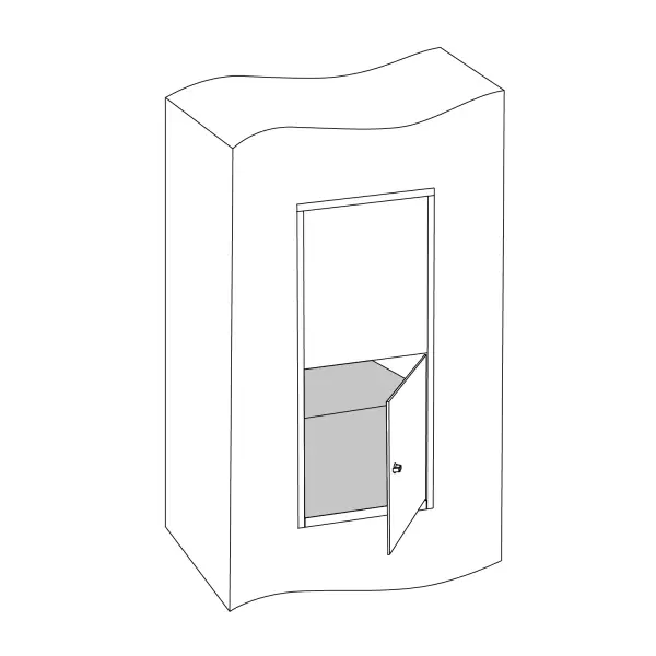 Lijntekening van de achterkant van een inbouw brievenbus, weergegeven in een kolom. De tekening toont de afmetingen, bevestigingspunten en het ontwerp van de inbouw brievenbus,